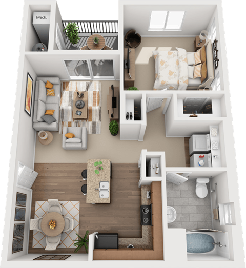 Floor plan for 1 bed, 1 bath, 849 sqft